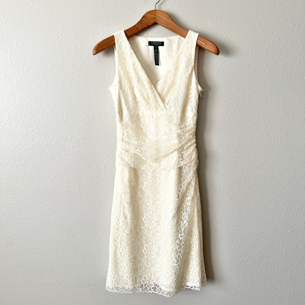Lauren Ralph Lauren Ivory Lace Ruched V-Neck Shimmer Cocktail Dress Cream Size 4